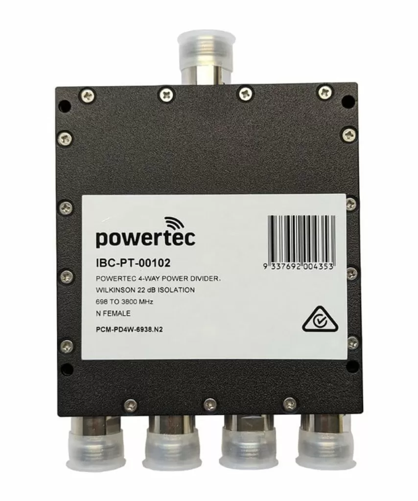 Powertec RF Power Divider 4-Way, 698 To 3800 MHz, N Female, Wilkinson, 22dB Isolation